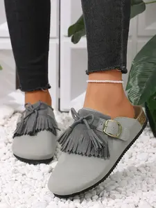 Women's Summer Outdoor Casual Shoes, Thick Sole Anti-Slip Lightweight Slip-On Round Toe Flannel Slippers, Fashion Vacation Flat Mules