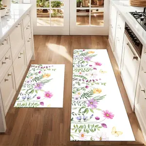 2Pcs Purple watercolor flowers Floor mat set kitchen rugs sets including farmhouse kitchen Rug dining room flooring laundry room decorative carpet mat Washable Floral Rug