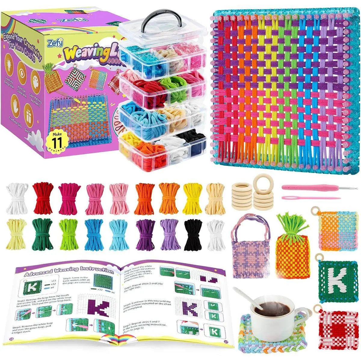 400 Pcs Weaving Loom Kit Toys, 17 Colors Loom Loops with 11 PCs Wooden Rings, Rainbow Loops Making Potholder Loom Knitting Crafts Easter Gifts for Kids Girls Adults
