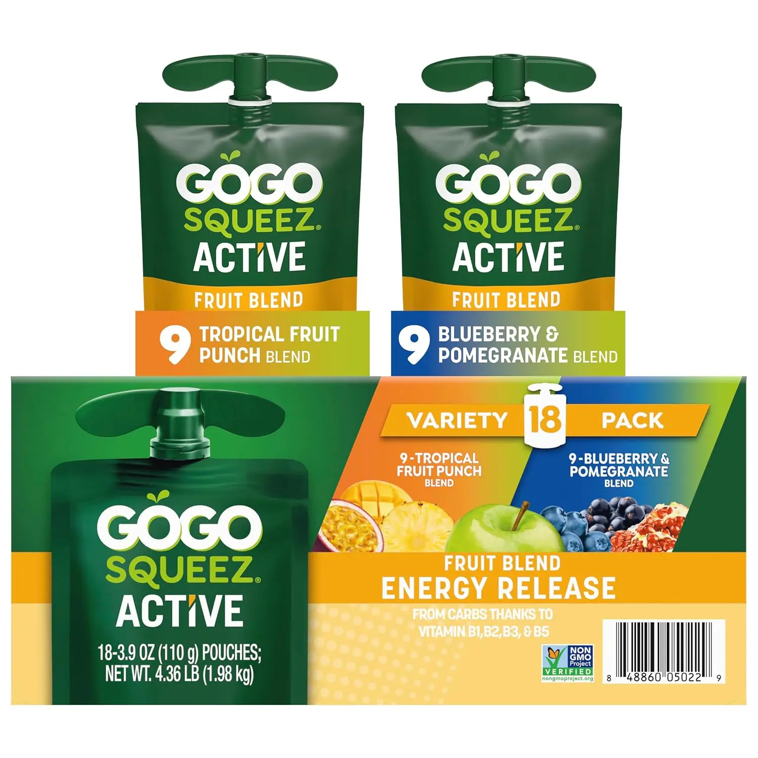 GoGo squeeZ No Sugar Added Active Fruit Blend with Electrolytes| 18-Count Variety Pack | Blueberry Strawberry Lemon & Strawberry Pineapple Orange | Made with Real Fruit and Antioxidants Vitamin A, E, & C