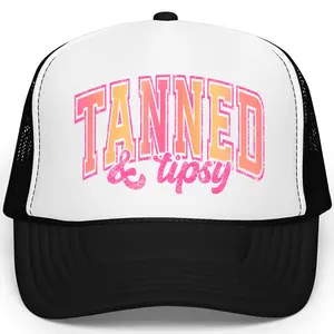 Summer Tanned & Tipsy Pink and Orange Graphic Trucker Hat for Women and Teens - Trendy Girly Adjustable Cap - Cute Summer Snapback