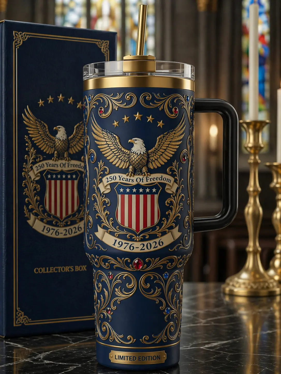 250th Anniversary USA Tumbler 40oz – 1776–2026 Independence Day Vacuum Flasks, Patriotic American Eagle Cup with Handle & Straw, Limited Edition 4th of July Gift