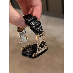 Black Gold Microfiber Leather Apple Watch Strap for Series 10 9 8 SE 7 6 Ultra 38-49mm Women Fashion Bracelet Watchband Accessories