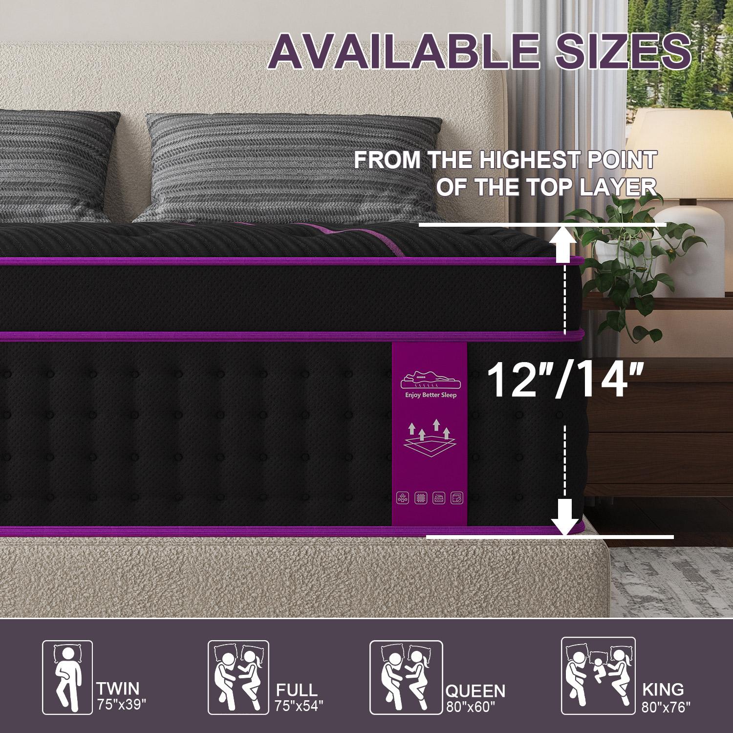 12"14" Gel Memory Foam Hybrid Pocket Spring Twin Full Queen King Mattress In A Box, Euro Top Mattresses Medium Firm For Motion Isolation, Edge Support