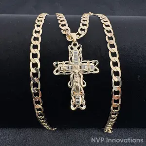 Jesus Christ Cross 14k High Quality Gold Plated Hypoallergenic 24 Inches Cuban Link Chain