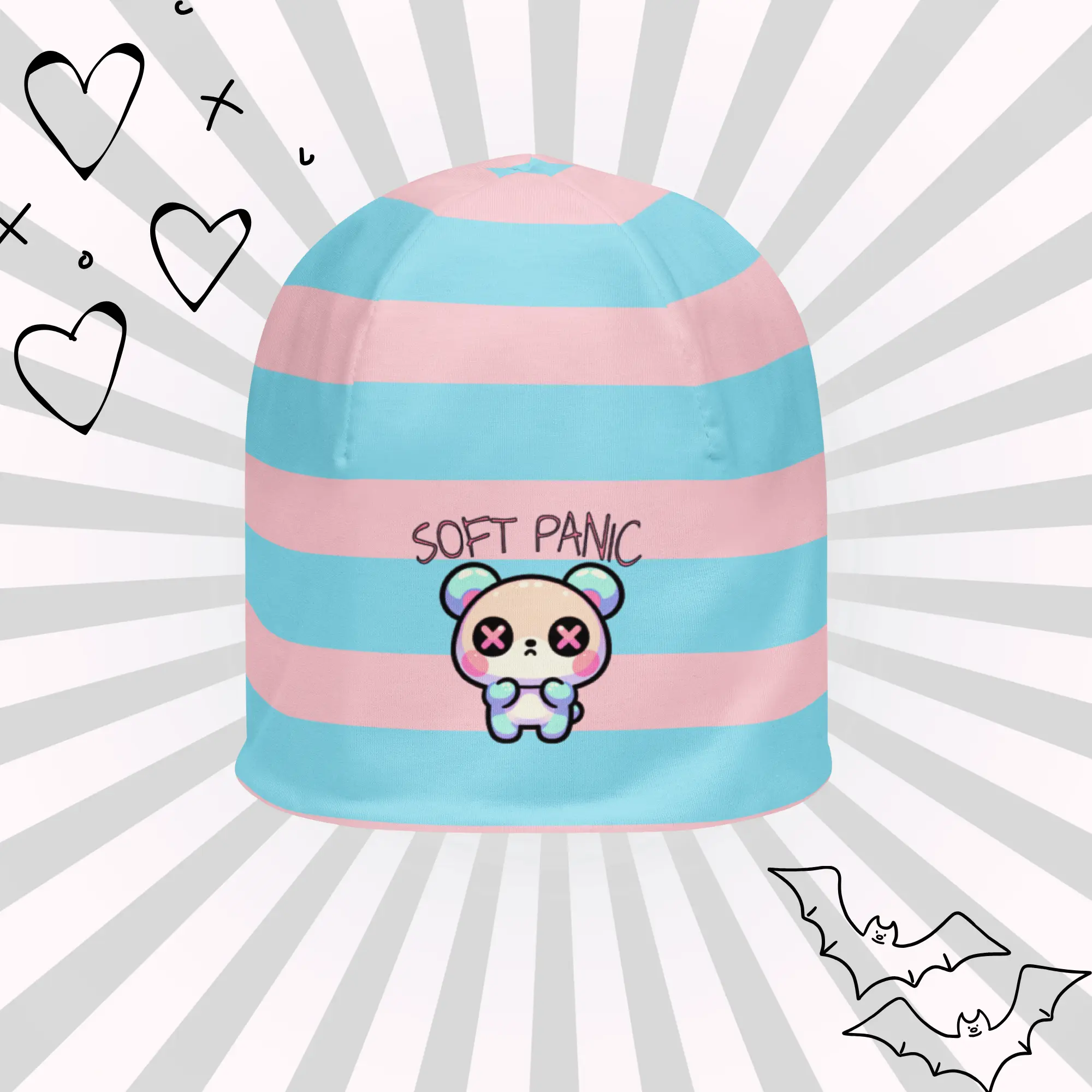 DreamSage Soft Panic Bear Striped Beanie - 95% Polyester 5% Spandex Double-layered Regular Fit OEKO-TEX 100 Certified Ethically Sourced Comfortable Everyday Wear