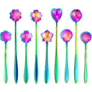 9 count Rainbow Flower Spoon Set, 2 Different Size Stainless Steel  Teaspoons for Drink Mixing Milkshake Jam