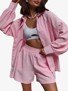 Women's Crinkle Fabric Lantern Sleeve Casual Loose Shirt Pants Sportswear Set, Above the Knee Plain Design, Comfortable and Stylish