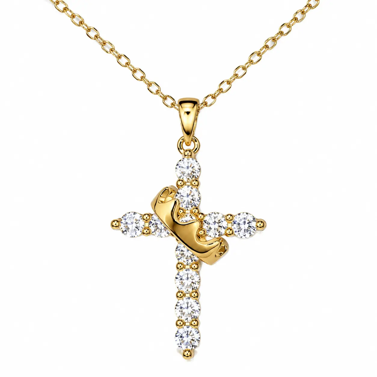16K gold crown cross necklace hypoallergenic waterproof tarnish free baptism gift