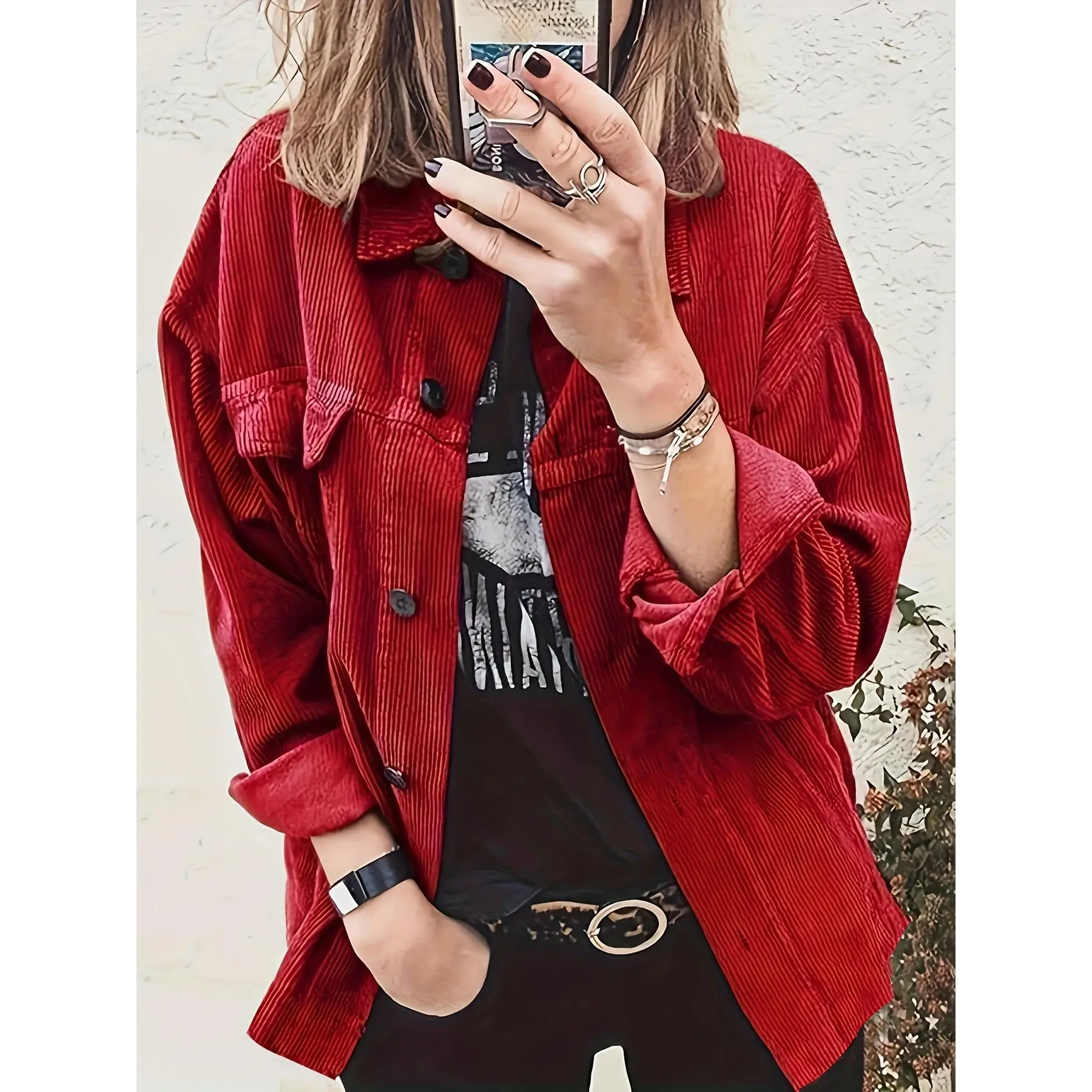 Women's Dark Gray Corduroy Jackets - Non-Stretch Polyester, Long Sleeve, Loose-Fitting Oversized Casual Outerwear, Button-Up Lapel Collar, Drop Shoulder, All-Season Wear