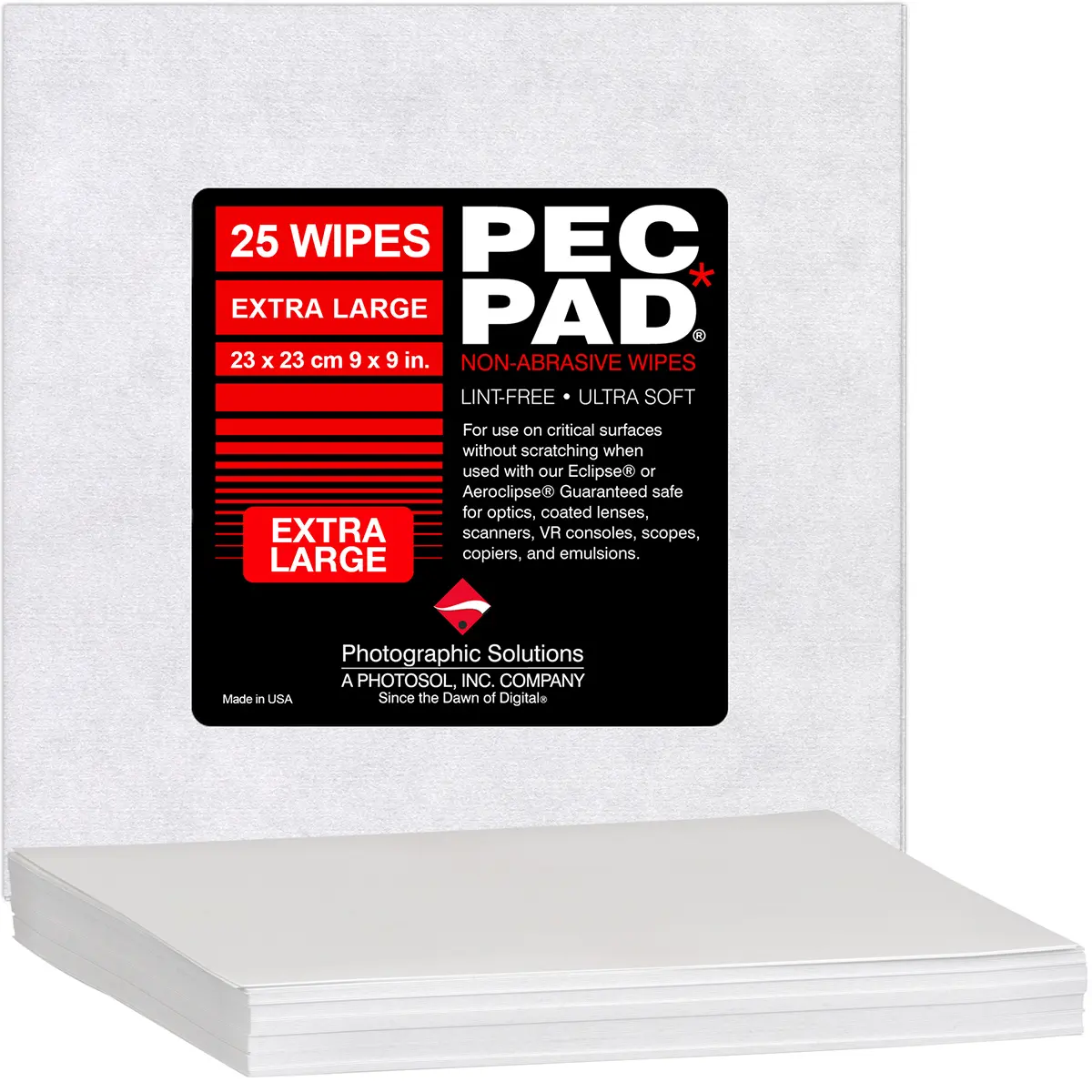 Photographic Solutions PEC PAD Camera Cleaning Wipes - 9x9in Non-Abrasive Lint-Free, 25 Sheets for Glass, Print Maintenance