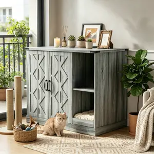 Gray Cat Litter Box Cabinet with Power Outlet, Hidden Litter Box Enclosure for Large Automatic Litter Boxes, Litter Catcher & Adjustable Shelves, Modern Cat Furniture