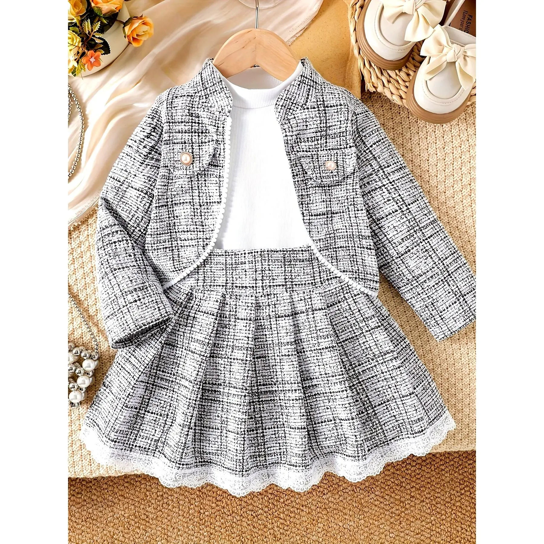 Girls' A-Line Pleated Mini Skirt in a Classic Houndstooth Pattern, Polyester Fabric with a Delicate Lace Hem Trim