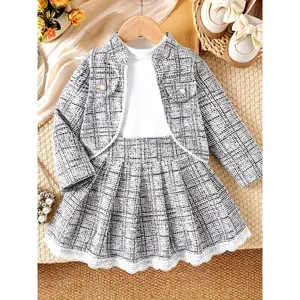 Girls' Autumn Houndstooth Pleated Skirt & Crew Neck Top Set Elegant Long Sleeve Outerwear with Lace Details 3pcs