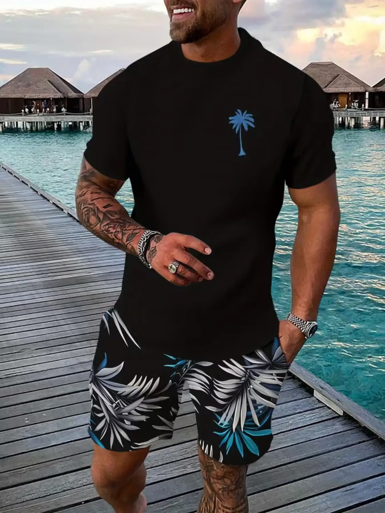 Men's Casual Sports Set, Breathable Outdoor Tee and Shorts, Summer 3D Printed, Beach Vacation Wear, Casual Breathable Sportswear, Casual Sporty Set