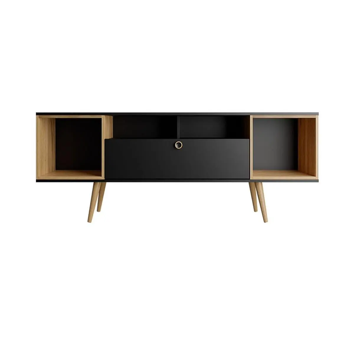 212 MAIN Scandinavian Mid-Century Theodore 6-Shelf Solid Wood TV Stand - Black & Cinnamon Finish, Wire Grommet, Indoor Use, 24.65x62.99x15.11 in