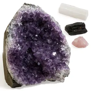 Large Amethyst Geode (2 lb to 3 lb) + A Restful Sleep Crystal Healing Set (Rose Quartz, Selenite, Black Tourmaline), One Palo Santo Stick, and A Crafted Fabric Bag