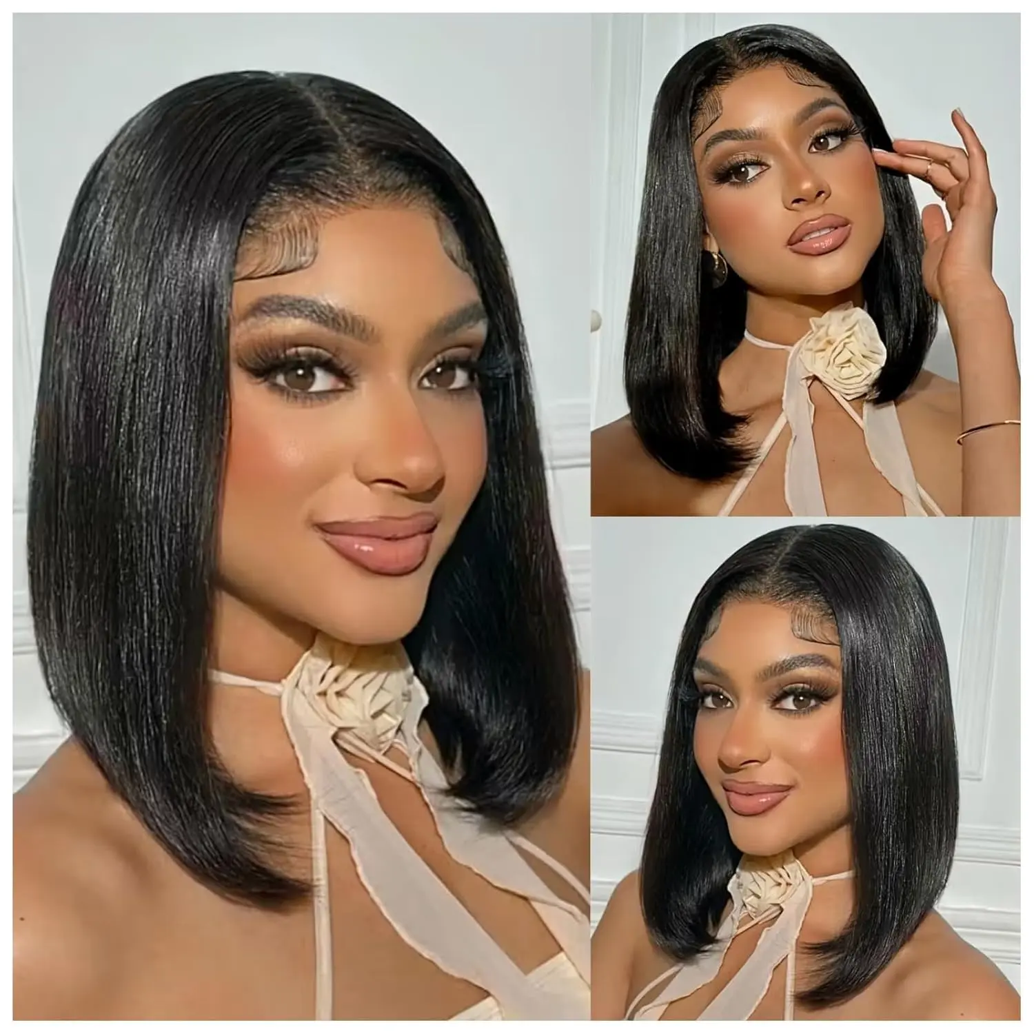 Yaki Straight Short Bob Wig with Drawstring Pre-cut 13x4 HD Lace Human Hair Wigs, Fashionable Wig for Women，Natural Look, Lace Front,Daily Wear，10 inches Frontal Wigs
