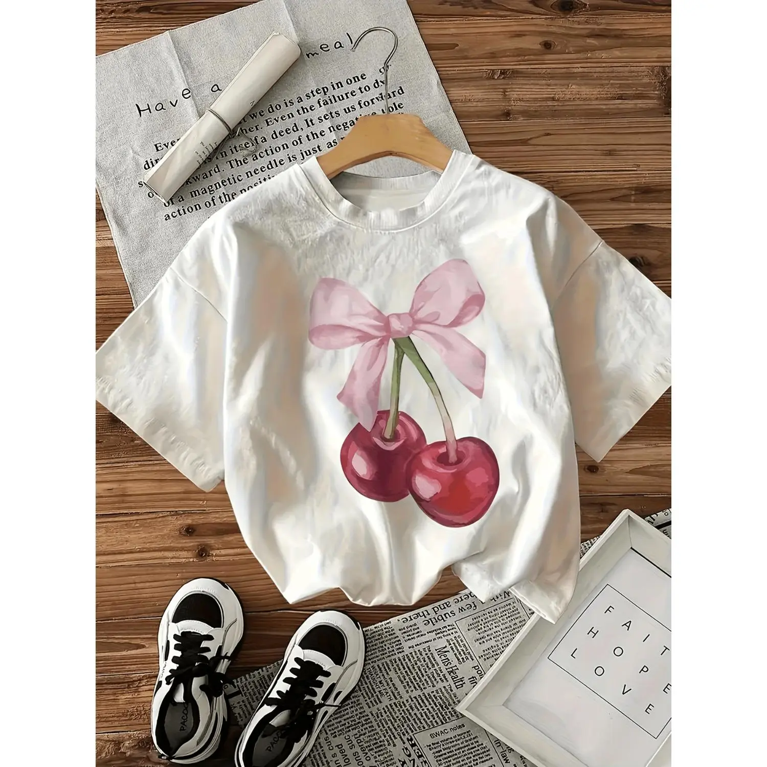 WomenS Casual Short Sleeve Round Neck Cotton T Shirt With Cherry And Bow Print White With Red Cherries And Pink Ribbon Lightweight Breathable Fabric Machine Washable All Season Comfort Fun Design Soft Texture