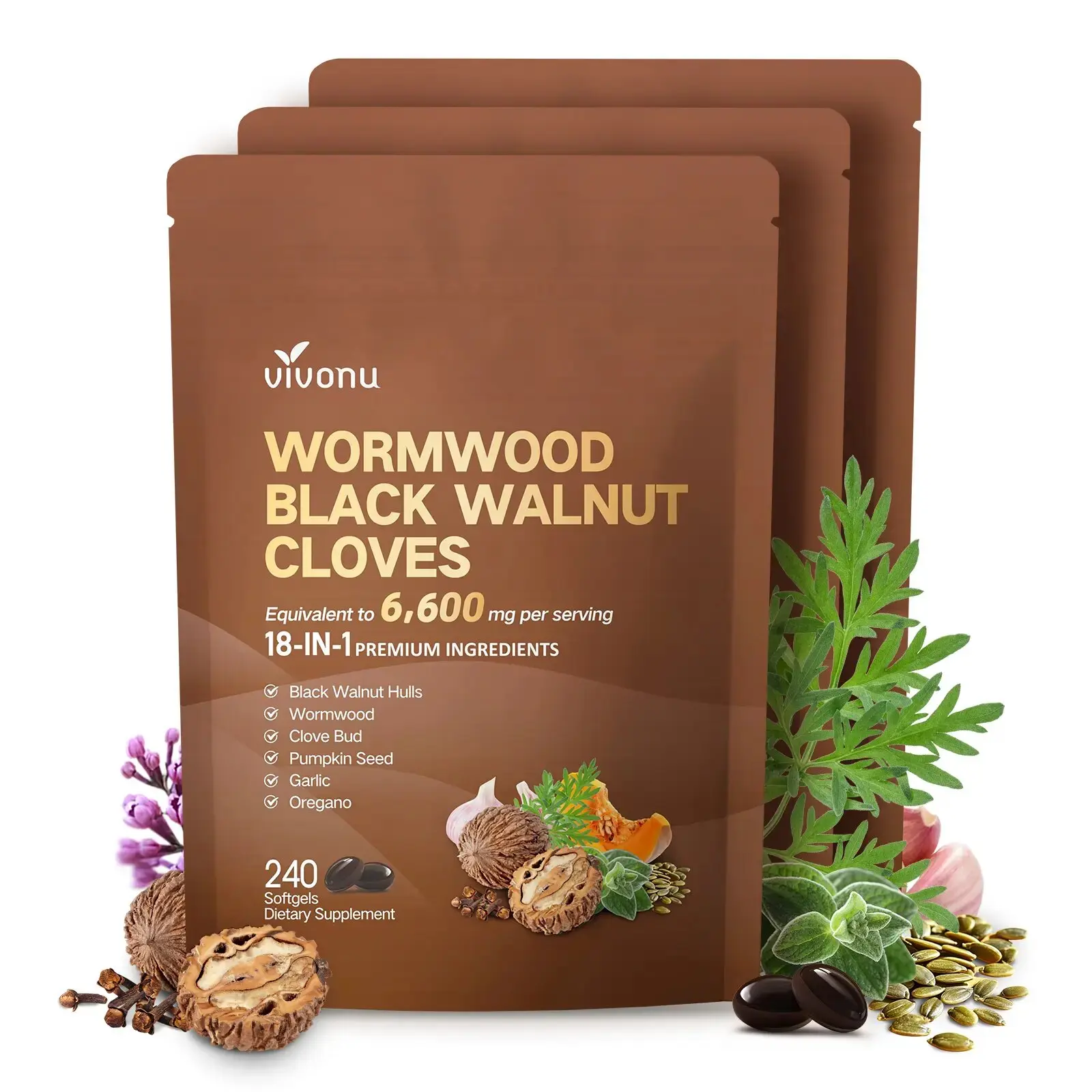 VivoNu Wormwood Black Walnut Cloves Capsules - 240 Count 6600mg Daily Supplement for Metabolism & Energy Boost - 80 Day Supply - Natural Ingredients for Vitality & Wellness