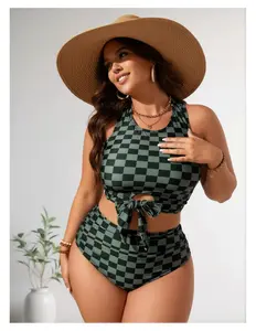 Bikini for Women Large Size - Two Tone Checkered Swimsuit Tie Front Pleated Bathing Suit -  Vacation Swimwear Belly Control Swimsuits for Women