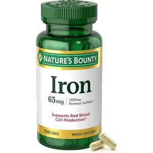 Nature’s Bounty Iron Supplement, 65mg Iron (325mg Ferrous Sulfate), Cellular Energy Support, Promotes Normal Red Blood Cell Production, 1 Serving Per Day, Gluten-Free, 100 Vegetarian Tablets