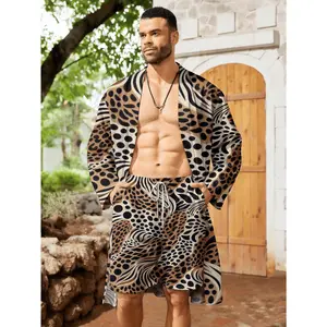 Men's leopard print cardigan and shorts set, specially designed for plus sizes and extended lengths, ideal for young men. A must-have item for spring and summer, made from high-quality, durable and breathable materials for a stylish and comfortable look.