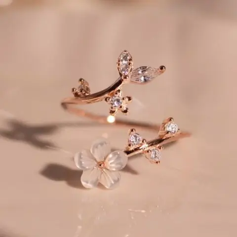 Elegant Sakura Zirconia Open Ring, Adjustable Ring, Simple Design, Versatile Women's Daily Commute Jewelry, Fashionable and Stylish Accessory, Adjustable Trendy Rings, Elegant Casual Ring