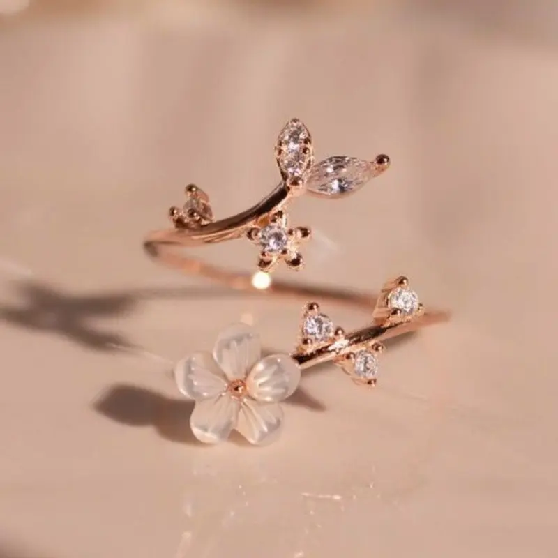Elegant Sakura Zirconia Open Ring, Adjustable Ring, Simple Design, Versatile Women's Daily Commute Jewelry, Fashionable and Stylish Accessory, Adjustable Trendy Rings, Elegant Casual Ring