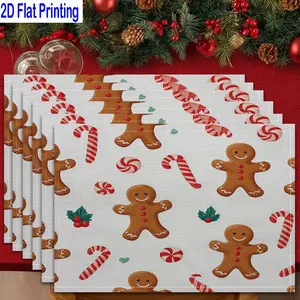 1PC/4Pcs/6Pcs 2D Flat Printed Gingerbread Man Candy Cane Christmas Holiday Table Mats, Placemats, Kitchen Decorative Placemat, Heat-resistant Kitchen Table Mats, Home Restaurant Table Mats, Outdoor Picnic Table Cloth Mats, Etc