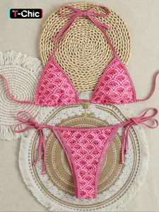 Two-Piece Women's All-Over Floral Print Bikini Set, Self Tie Bikini, Casual Fashion Chic Swimsuit Set, Ladies Swimwear for Beach Holiday