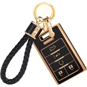 Car Key Fob Cover with Keychain Compatible with Cadillac, TPU Key Fob Case Cover Fits for Cadillac Escalade SRX CTS ATS XTS DTS STS ELR 2008-2015 Car Smart Key Accessories, Gold Black