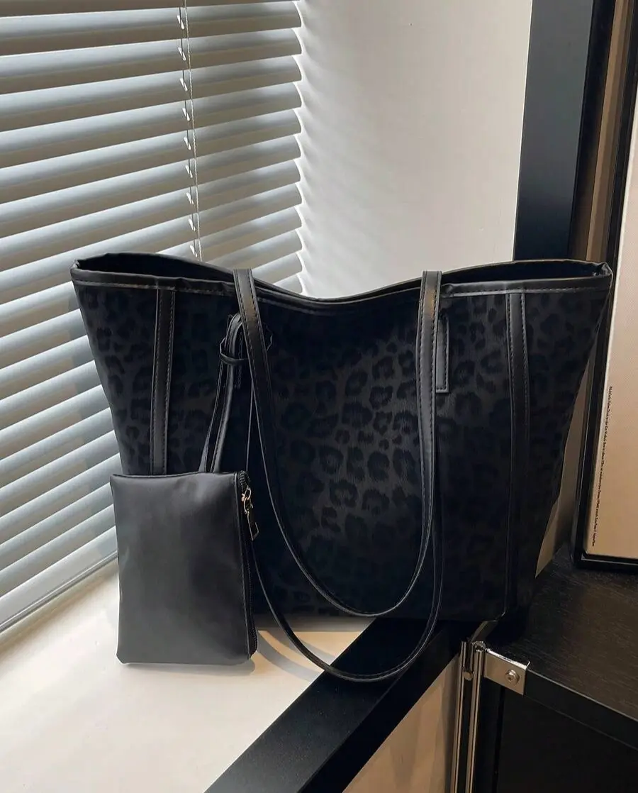 Women's Leopard Print PU Leather Tote Bags - 2pcs Large Capacity Everyday Bags with Dual Handles, Lightweight for Commuting, Work (Ideal for Young Women)