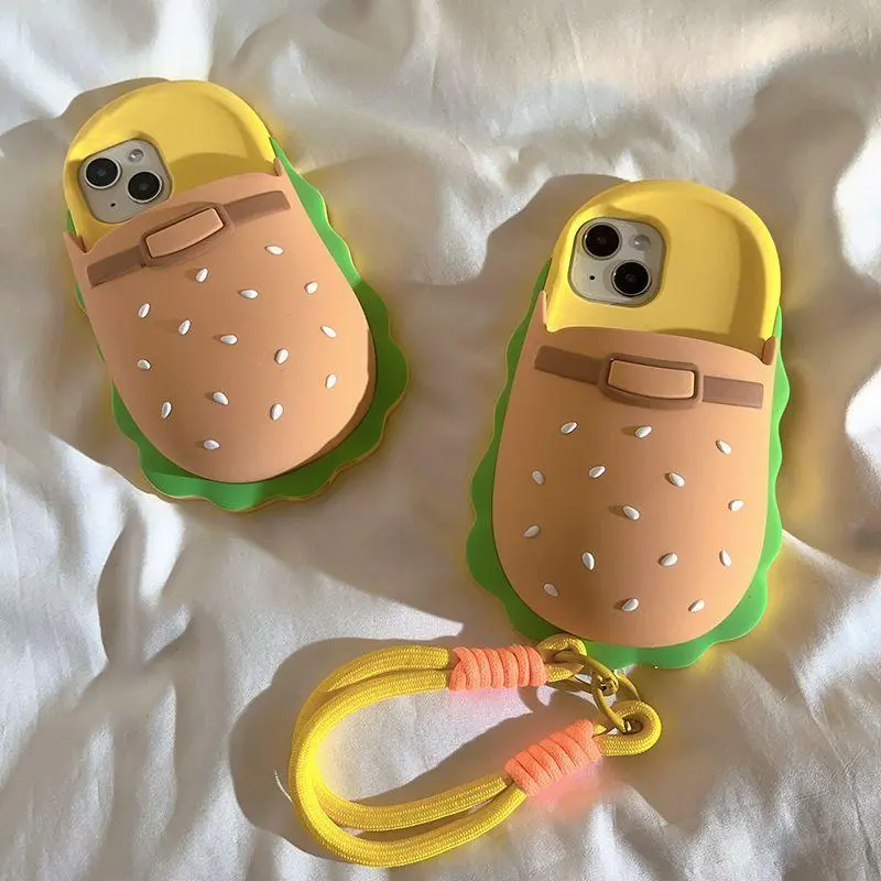 New INS Creative Funny Hamburger Slippers Shape Soft Phone Case For iPhone 16 15 14 13 Pro Max Protective Cover With Lanyard