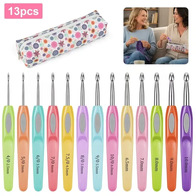 13Pcs Ergonomic Crochet Hooks Set with Storage Case - Soft Grip Crochet Needles 2.5mm-10mm, DIY Knitting Kit Gift for Beginners & Crafters