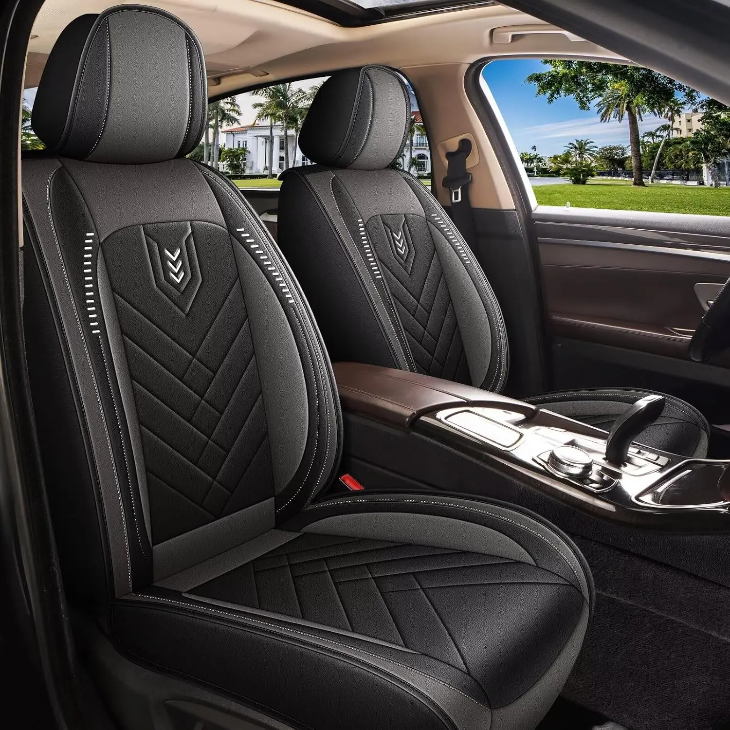 Car Seat Covers Fit for Chevrolet Chevy Traverse 2018-2026 Full Set Premium Seat Covers Waterproof Leather Automotive Seat Cushion Protector Compatible with Airbag(5 Seats,Grey，Black) Universal