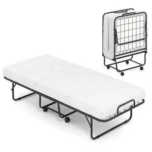 COSTWAY - Cot Size Folding Bed Frame with Memory Foam Mattress and Metal Frame