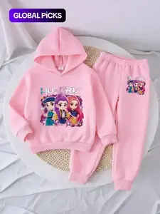 Girls' Witch Hunter Corps Warm Hoodie & Joggers Set, Cozy Fleece Lined Outfit For Fall & Winter, Cute Clothing Set