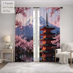 2Pcs Japanese Style Pagoda Mount Fuji Cherry Blossom Landscape Sun Blocking Curtains Digital Printed Rod Pocket, Window Treatment For Bedroom Office Kitchen Living Room Study Home Decor