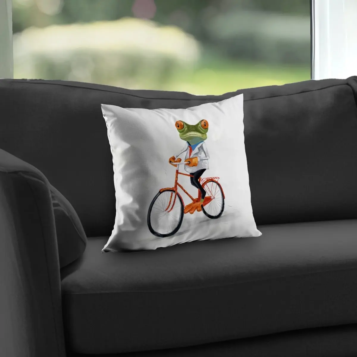 360 Stand 14x14 in. Poly Twill Throw Pillow - Soft Texture, Playful Vibe, Whimsical Funny Frog Biking Design, Orange Home Decor Accent, Throw Cushions for House & Whimsical Home Decor, Room Decor