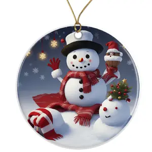 Cute Snowman Ornament, Holiday Decoration, Christmas Tree Ornament, Festive Winter Decor, Snowman with Hat Ceramic Ornament - 3 Inch Christmas Tree Round Ornament - Xmas Holiday Decor - String Included - ORNW0232