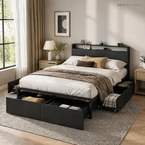 Full Size Bed Frame with Storage Headboard, Charging Station, LED Lights, Sturdy Stable Noise-Free Base, No Box Spring Needed, Easy to Install and Assemble