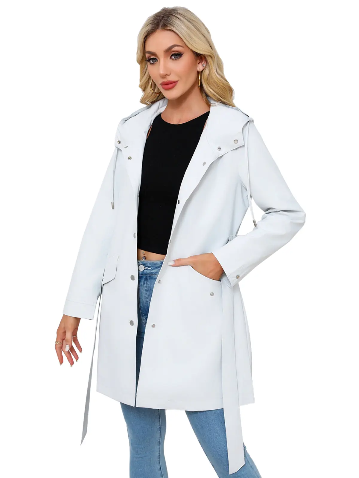 BIGWIG Women's Casual Striped Raincoat, Long Sleeve Fitted Polyester Anorak Jacket with Hood, Lightweight and Water-Resistant, Basic, Button, Athletic, Belt, Zipper, Hoodie, Front Zip