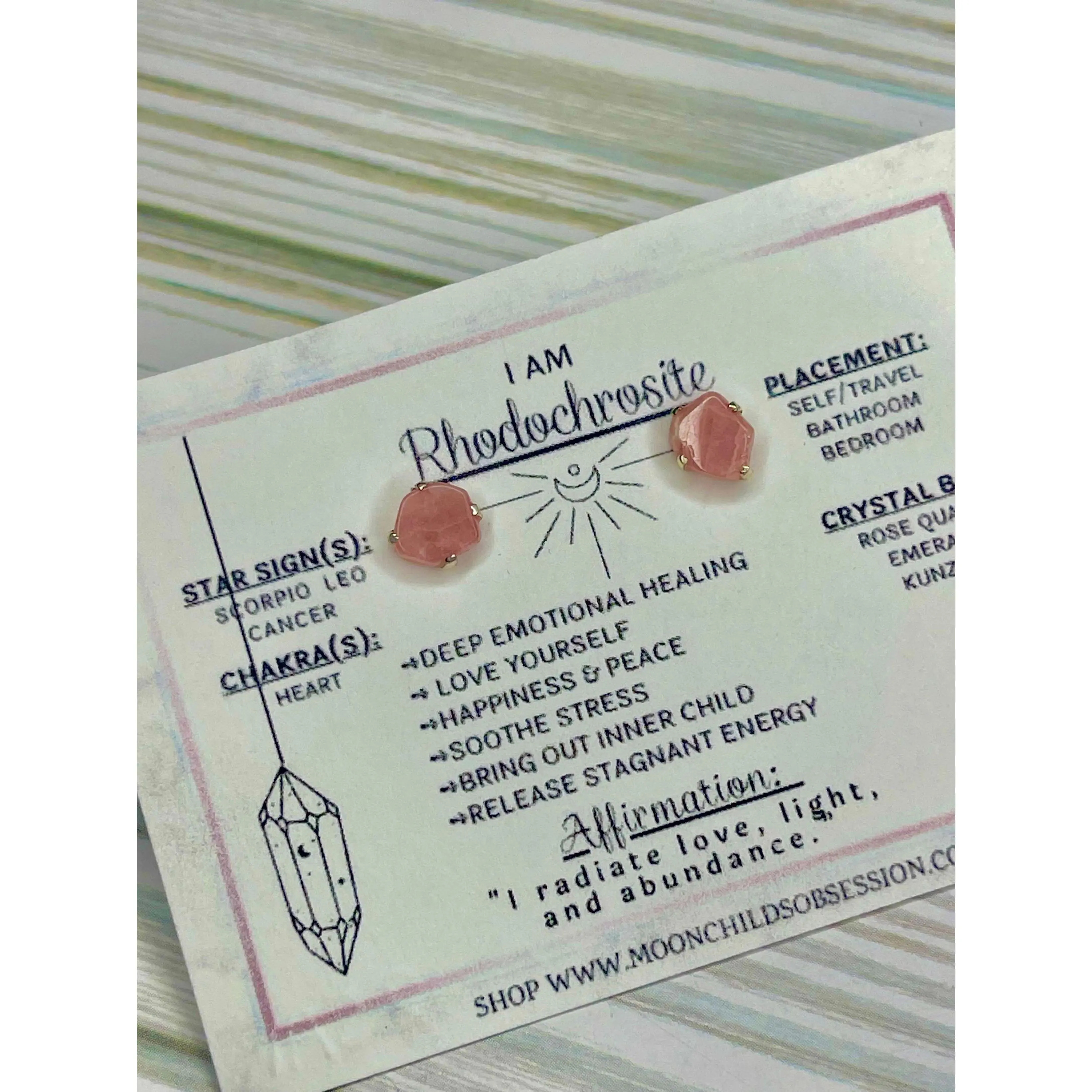 Women's Natural Crystal Rhodochrosite Sterling Silver Stud Earrings - Harmony, Healing Jewelry for Adults, Meditation Accessories