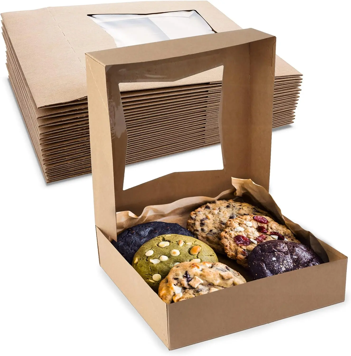 MT Products 8x8x2.5" Empty Paperboard Windowed Auto-Popup Durable Bakery Box - Easy Assemble, Easy-to-Travel Baked Goods Container - Made in USA (Cookies Not Included)