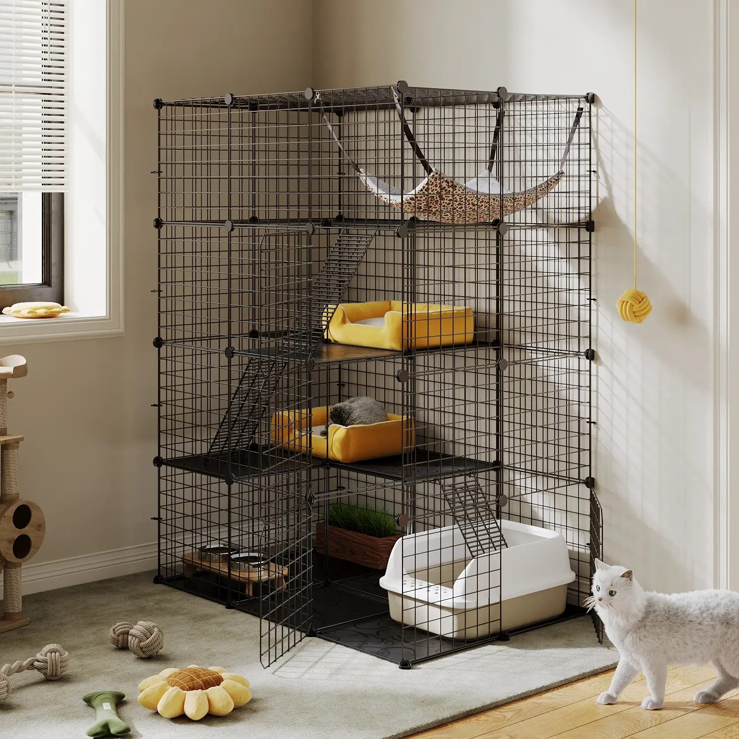 Yitahome Cat Cage Indoor Catio DIY Cat Enclosures Metal Cat Playpen 2/3/4-Tiers Kennels Pet Crate with Extra Large Hammock for Cats, Rabbit