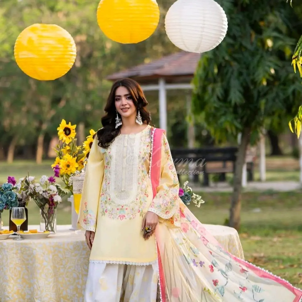 3pc stitched beautiful lawn suit with chickenKari embroidery work with farshi embroidered shalwar for party and wedding wear