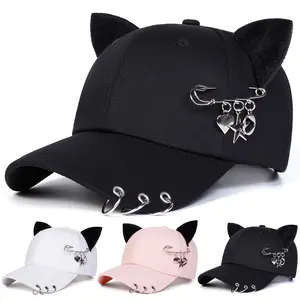 Unisex Gothic Cat Ear Baseball Cap Safety Pin Charm Outdoor Adjustable Sunscreen Leisure Hat Spring Autumn Travel Tourism Beach Vacation