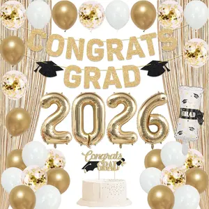 Trgowaul Champagne Gold Graduation Decorations, Class of 2026 Decor, 2026 Grad Banner Backdrop, Gold Fringe Curtains, GRAD Cake Topper and Balloons, Gradua