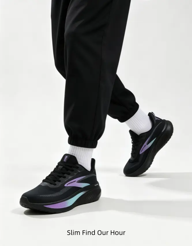 Solid Black Lightweight Jogging Shoes, Shimmer Purple Blue Accent Design, Flexible Cushion Footwear for City Commute & Low-Impact Fitness Training